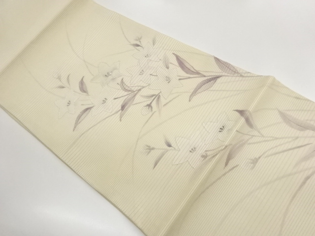 絽　相良刺繍　手描き桔梗模様開き名古屋帯(額縁仕立て)